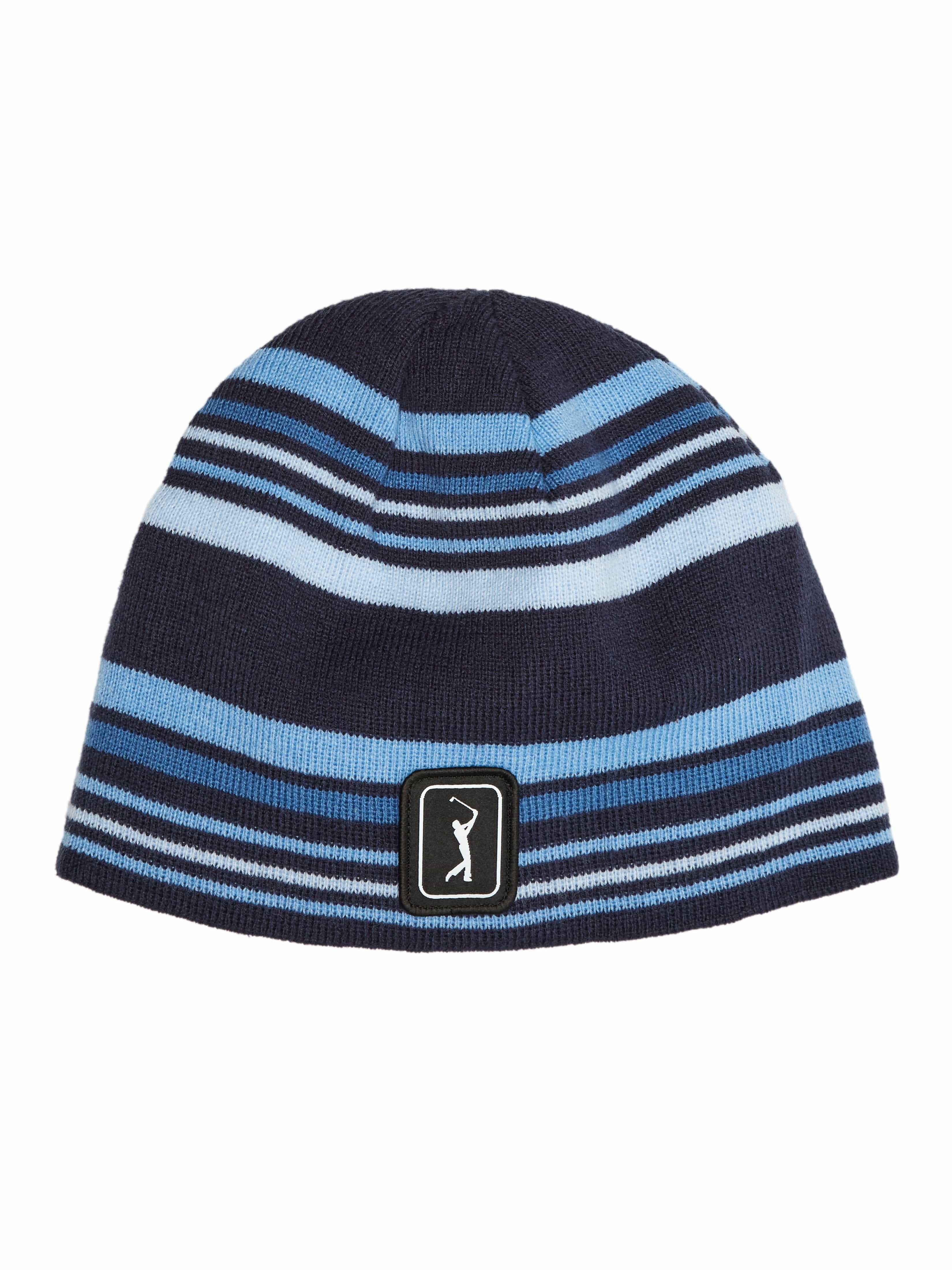 PGA TOUR Apparel Mens Striped Reversible Beanie Hat, Dark Navy Beige, 100% Acrylic | Golf Apparel Shop