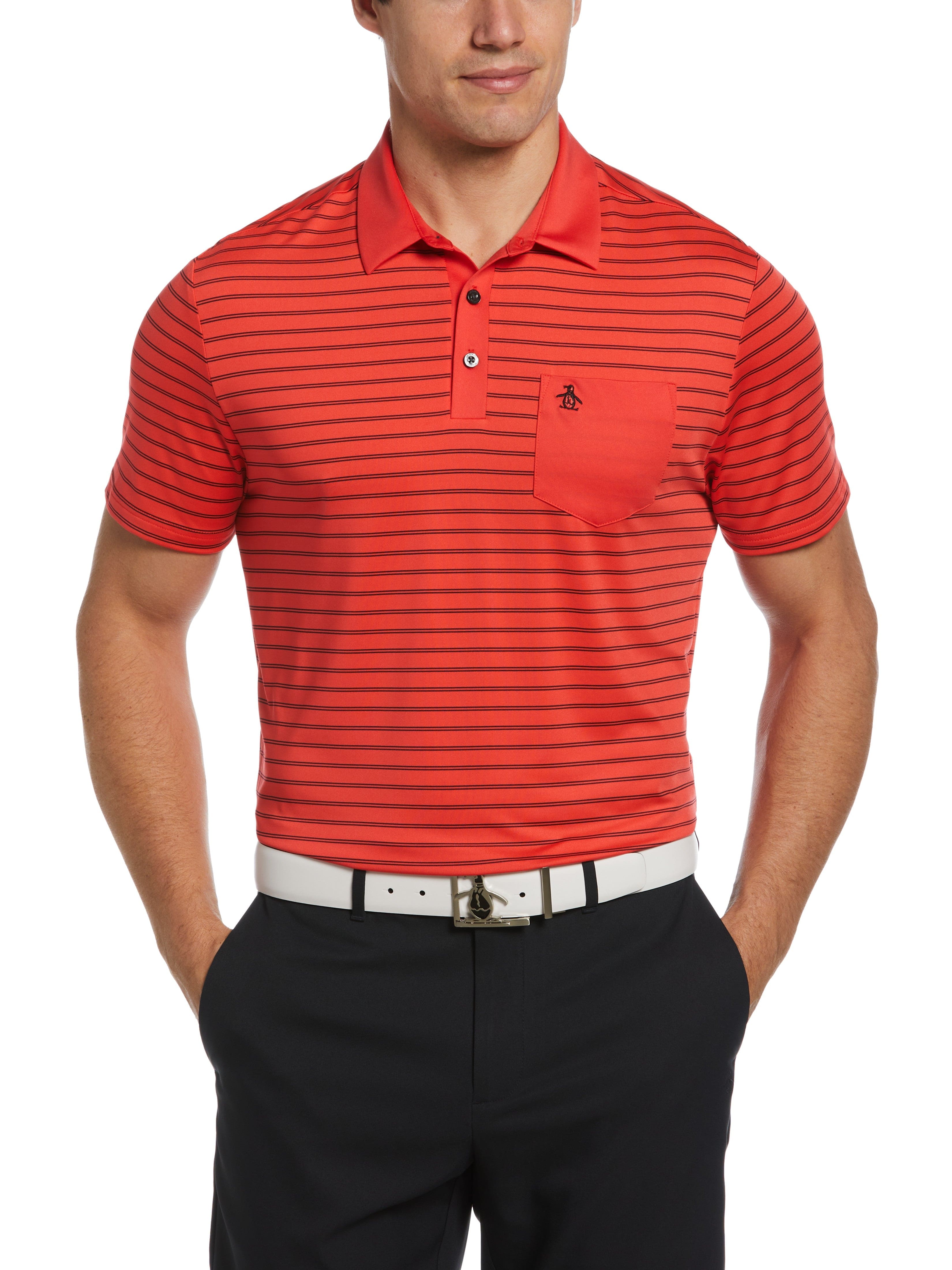 Original Penguin Mens Two-Color Stripe Golf Polo Shirt, Size Small, Bittersweet Red, Polyester/Spandex | Golf Apparel Shop
