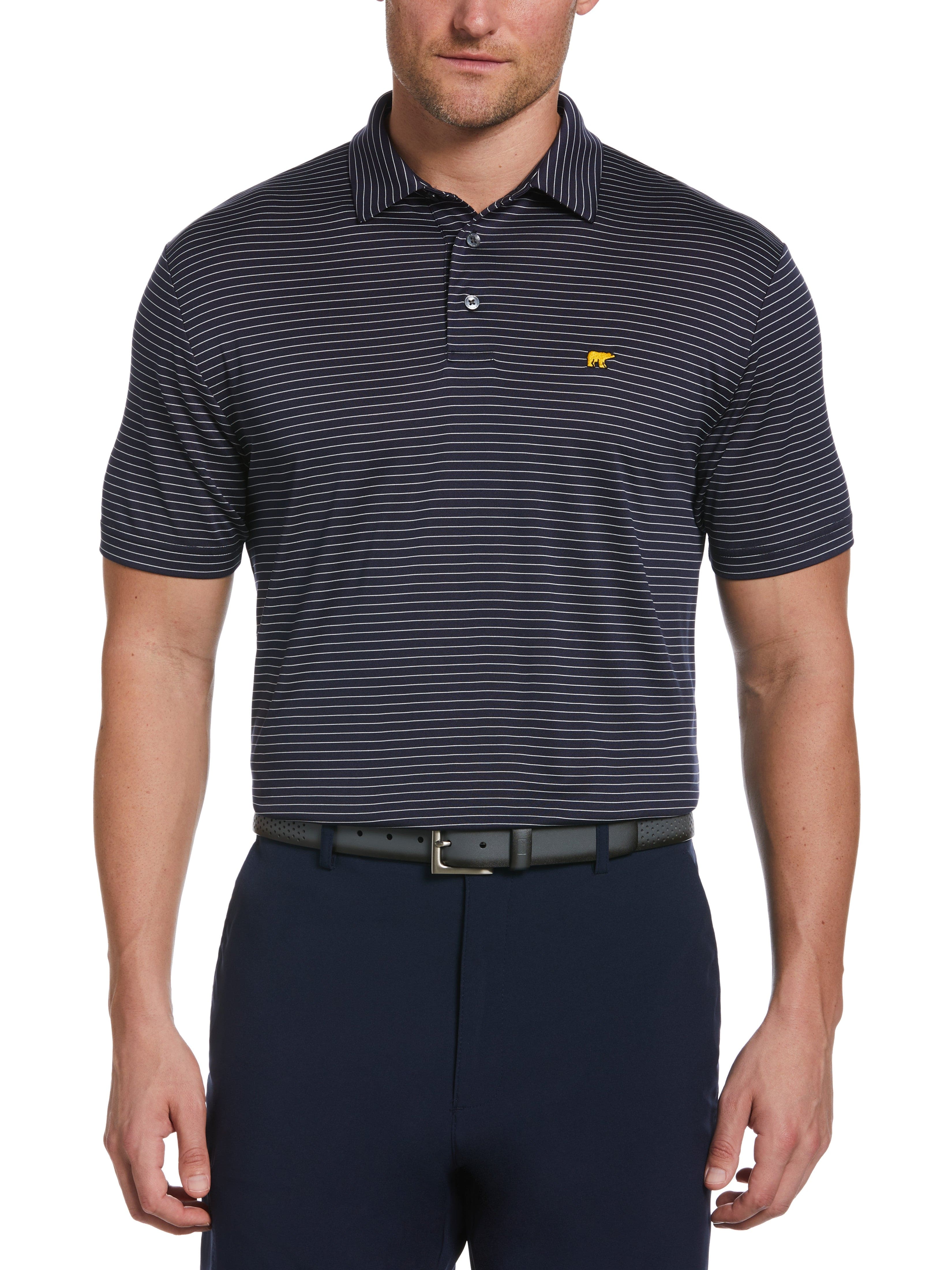 Navy Blue Classic Striped Polyester Performance Polo Shirt Custom