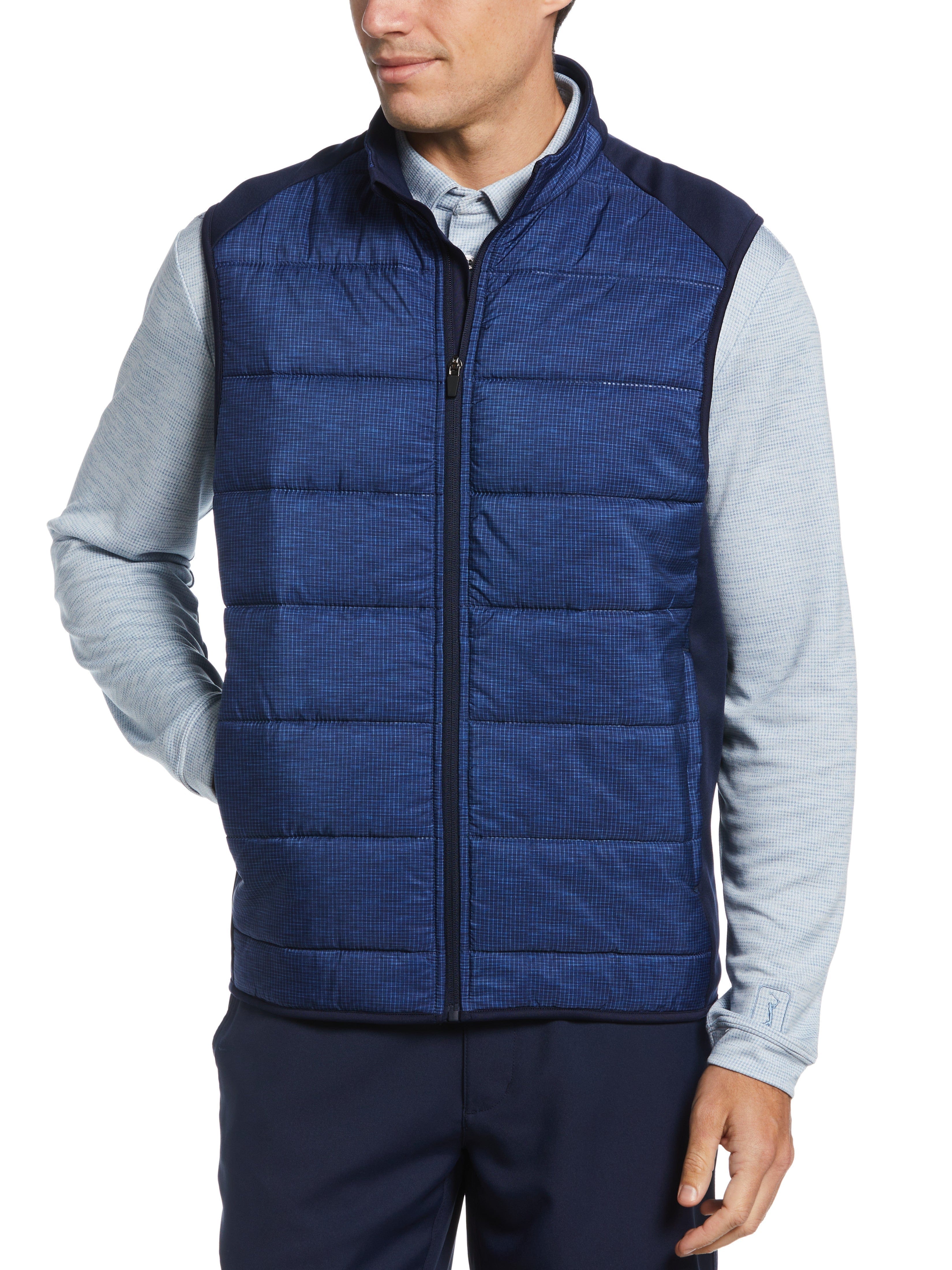 PGA TOUR Apparel Mens Ultrasonic Print Full Zip Golf Vest Jacket Top, Size Medium, Navy Blue, 100% Polyester | Golf Apparel Shop