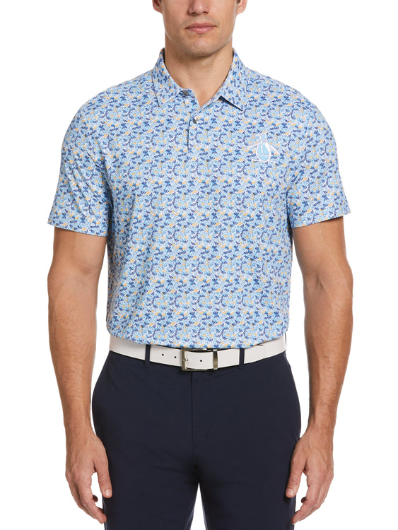 Original Penguin Men's Short Sleeve All-Over Oversized Cocktail Print Polo Shirt, Size Small, Mediterranian Blue, Recycled Polyester/Elastane