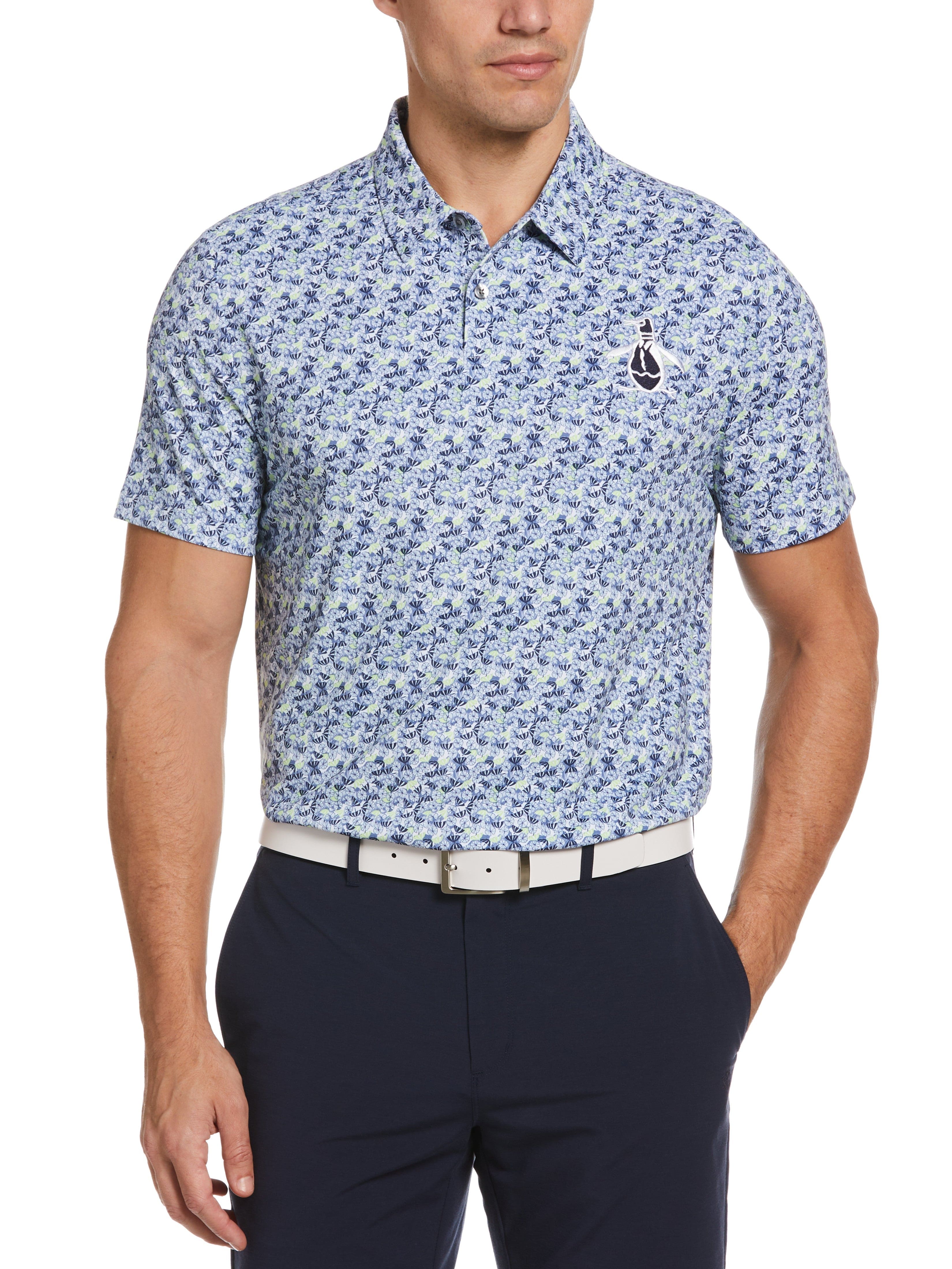 Original Penguin Mens Umbrella Novelty Print Golf Polo Shirt, Size Small, Astral Night Blue, Polyester/Recycled Polyester/Elastane