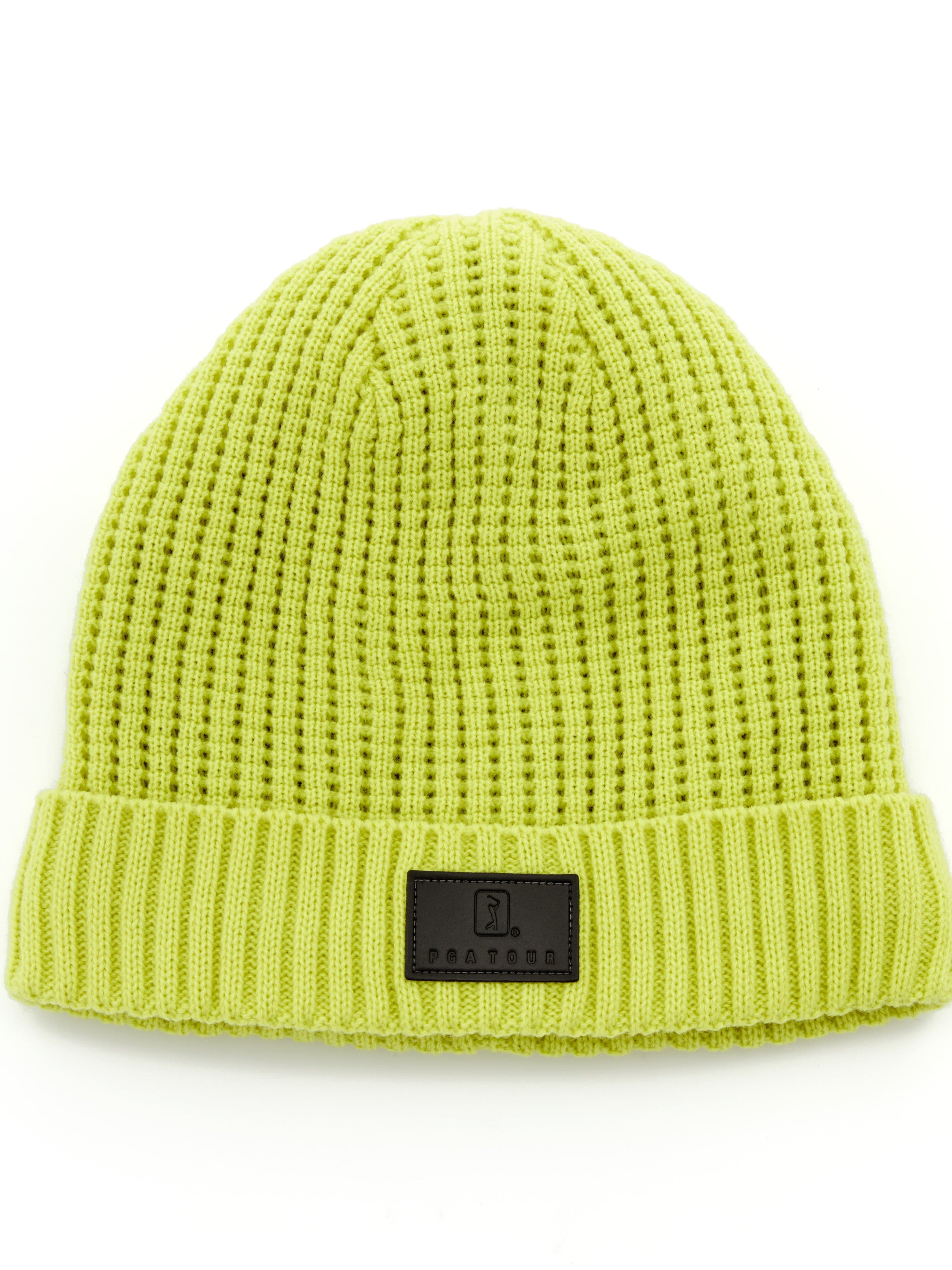 PGA TOUR Apparel Mens Waffle Knit Golf Beanie Hat, Limeade Yellow, 100% Acrylic | Golf Apparel Shop