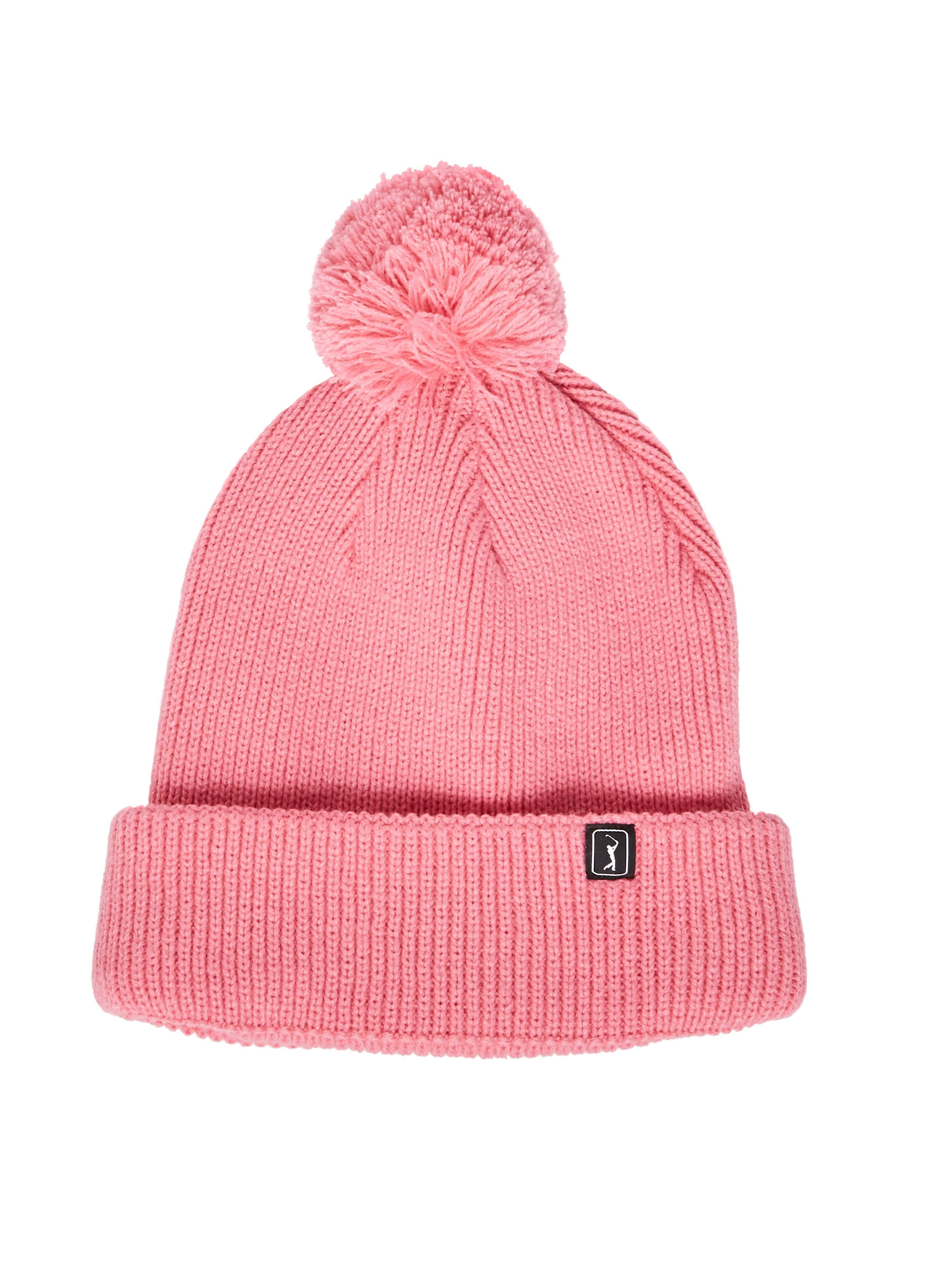 PGA TOUR Apparel Pom Pom Beanie Hat, Pink Carnation, 100% Acrylic | Golf Apparel Shop