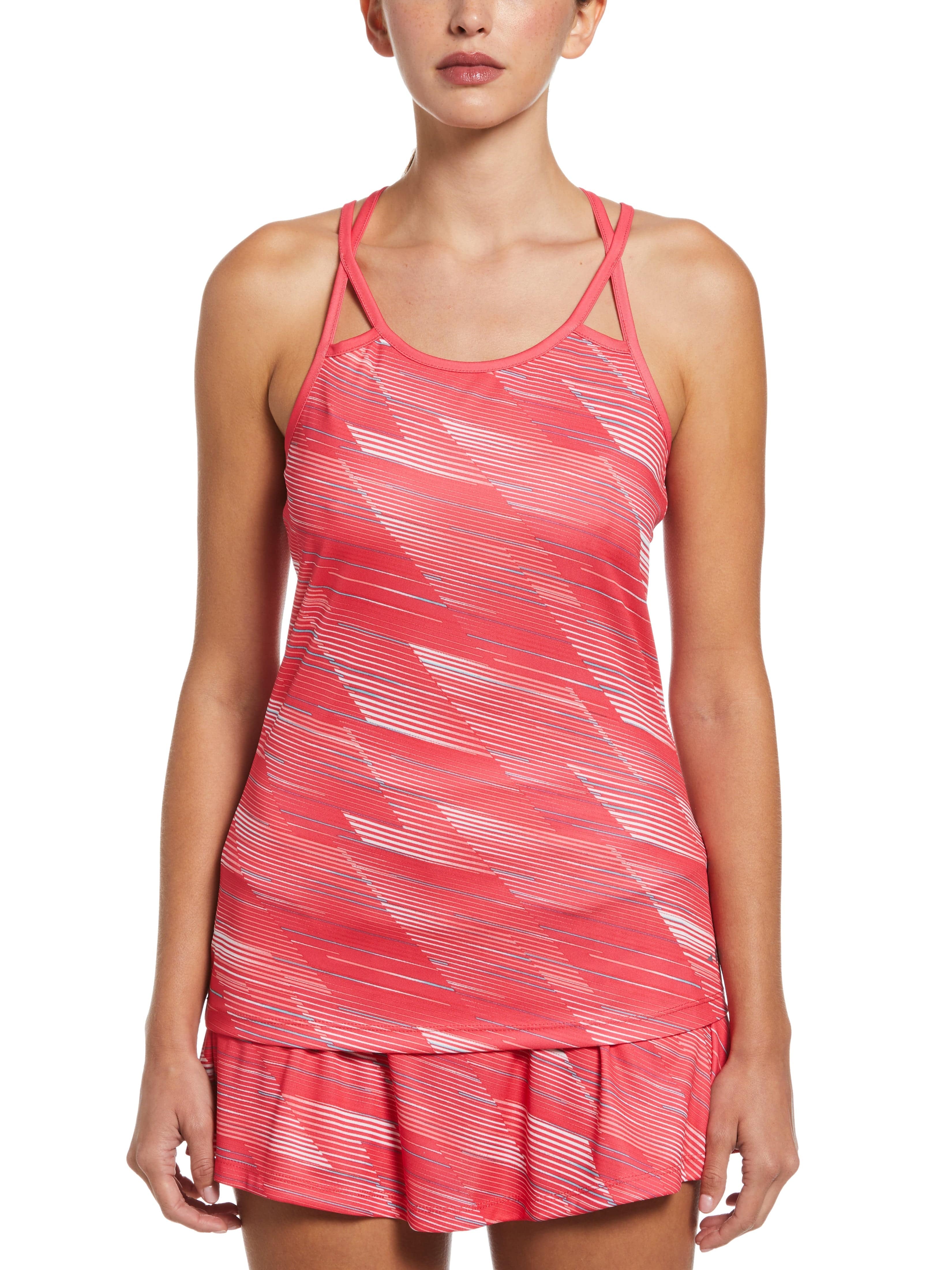 Grand Slam Womens Active Stripe Printed Tennis Tank Top Top w/ Criss Cross Straps, Size Medium, Hibiscus Red, 100% Polyester | Golf Apparel Shop