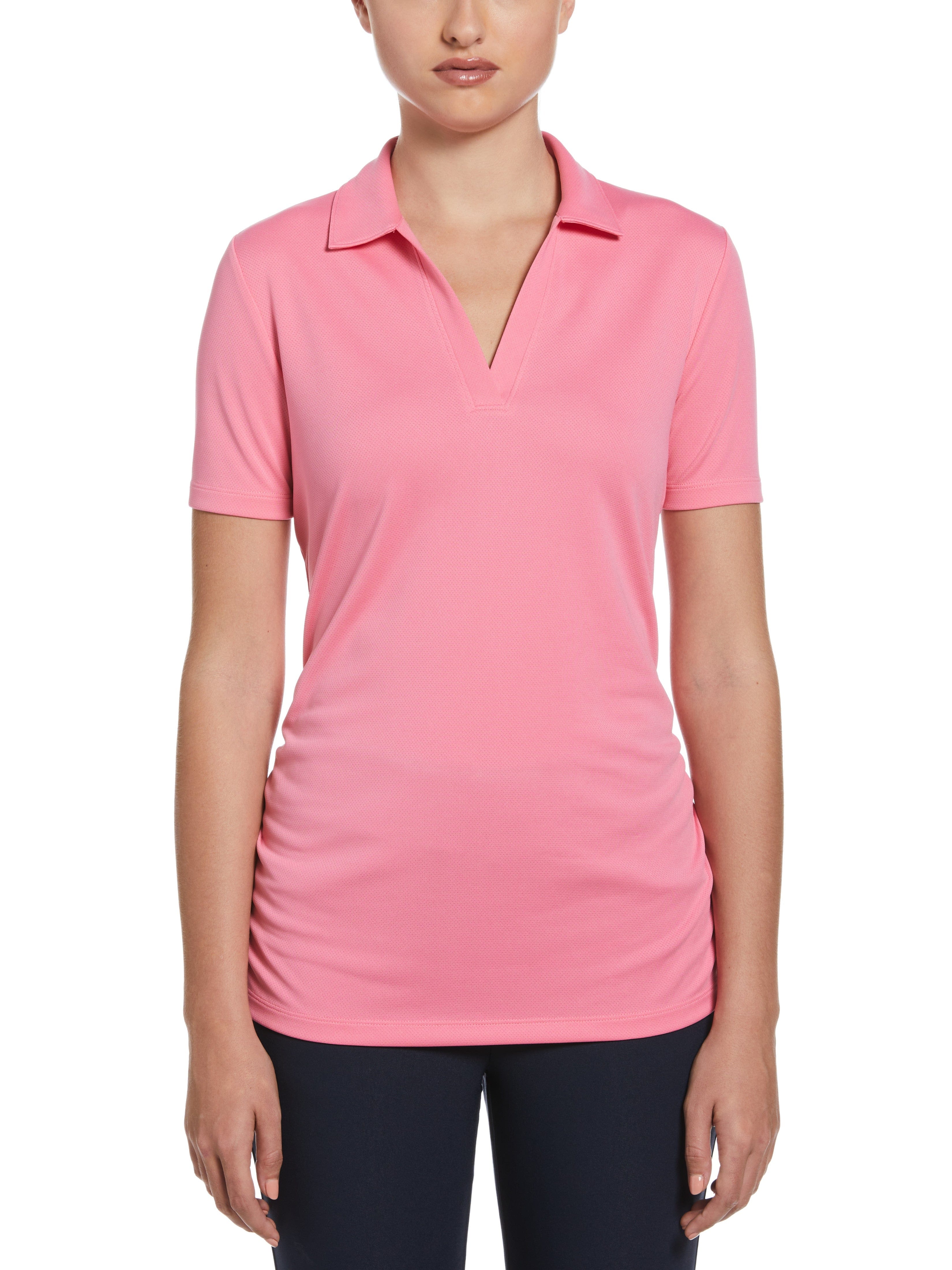 PGA TOUR Apparel Womens AirFlux™ Solid Golf Polo Shirt, Size XS, Flowering Ginger Pink, 100% Polyester | Golf Apparel Shop