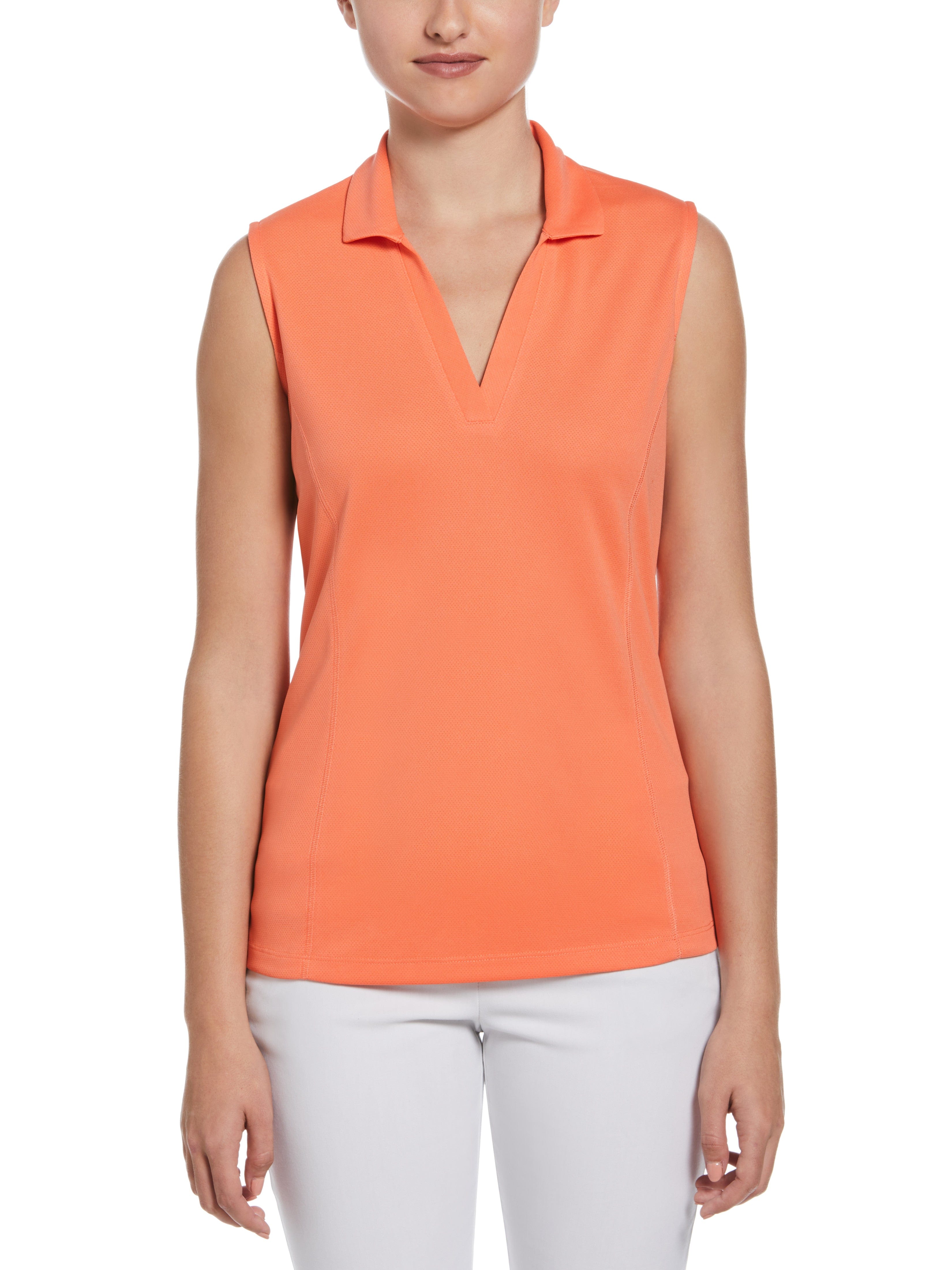 PGA TOUR Apparel Womens AirFlux™ Solid Sleeveless Golf Polo Shirt, Size Large, Camellia Orange, 100% Polyester | Golf Apparel Shop