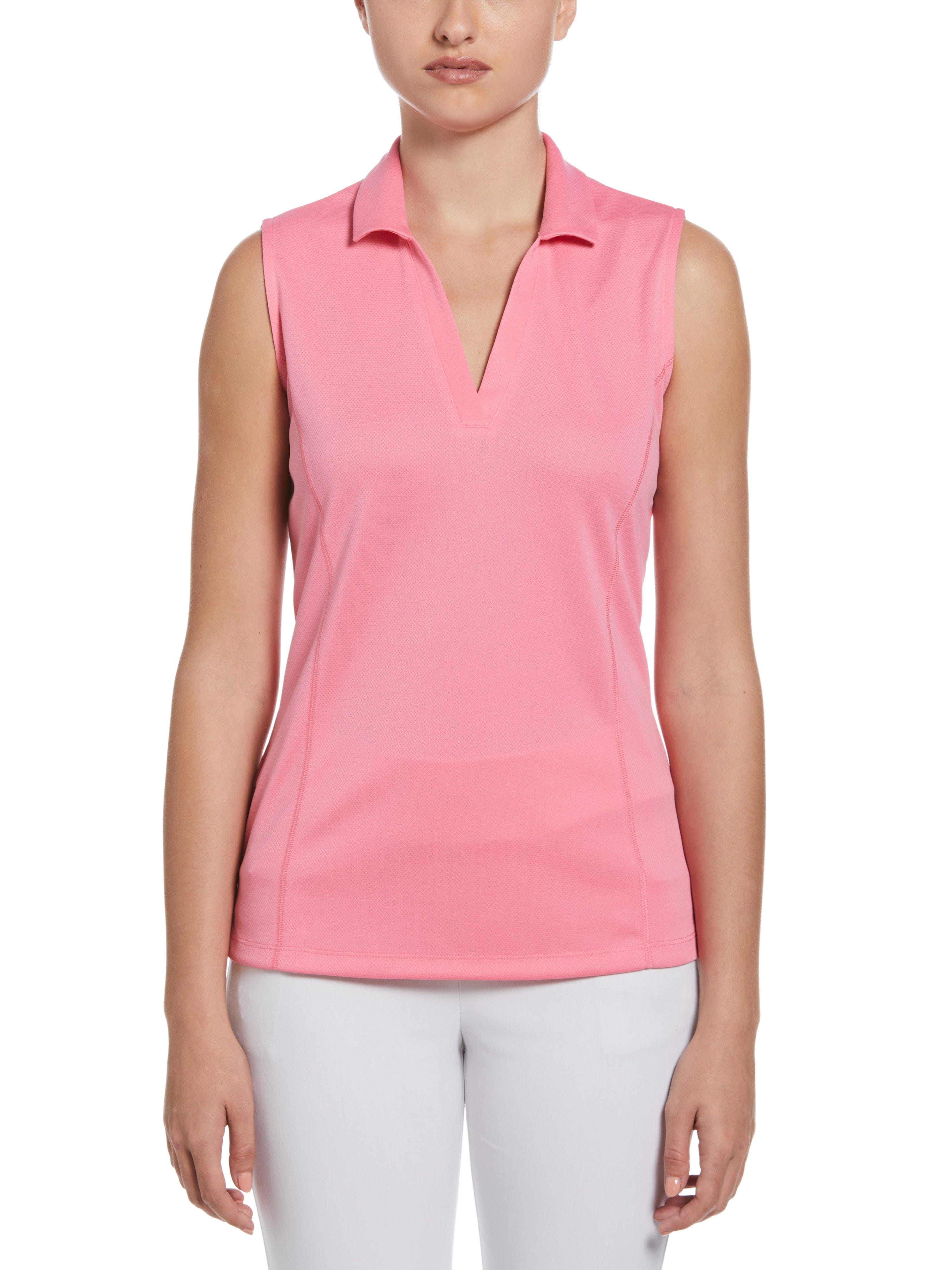 PGA TOUR Apparel Womens AirFlux™ Solid Sleeveless Golf Polo Shirt, Size Medium, Flowering Ginger Pink, 100% Polyester | Golf Apparel Shop