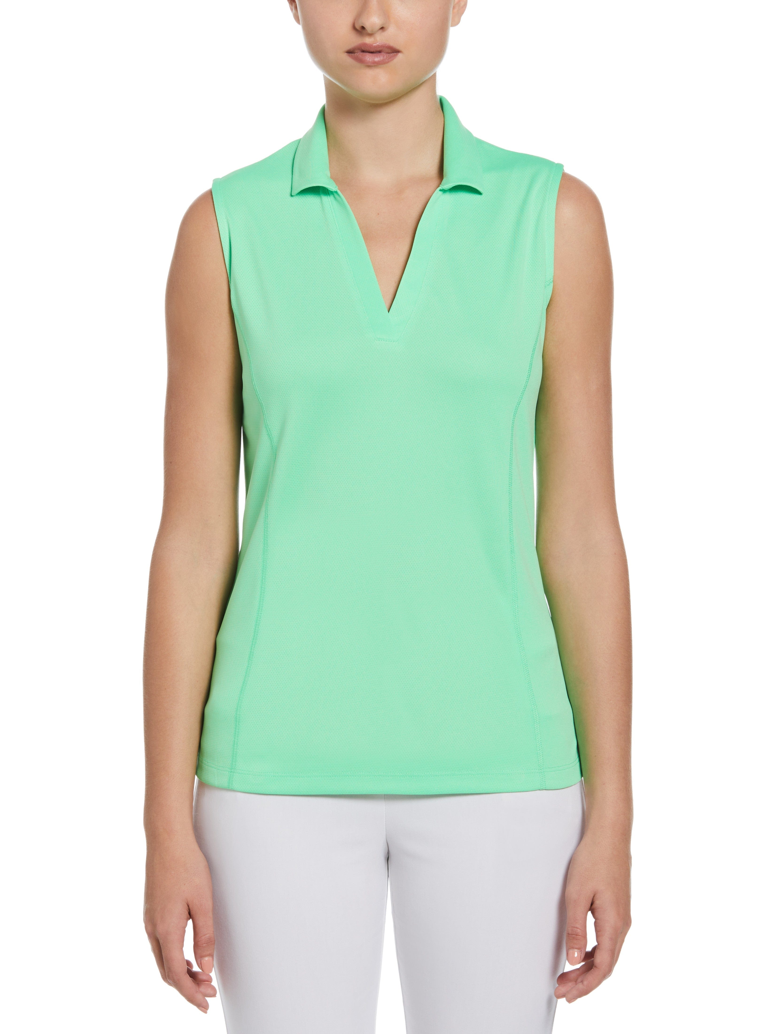 PGA TOUR Apparel Womens AirFlux™ Solid Sleeveless Golf Polo Shirt, Size XS, Spring Bouquet Green, 100% Polyester | Golf Apparel Shop