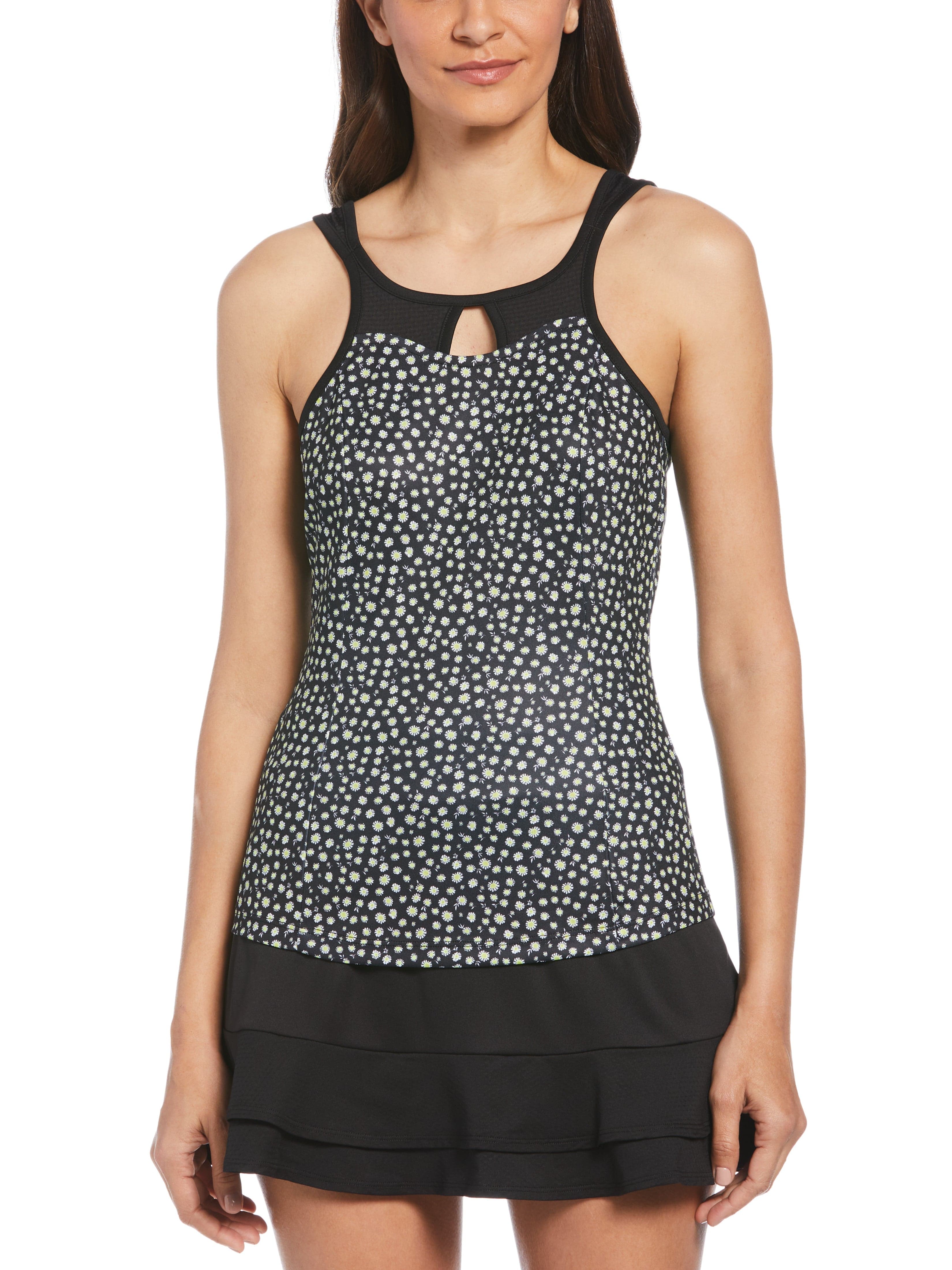 Grand Slam Womens Daisy Print Strappy Tennis Tank Top, Size Small, Black, 100% Polyester | Golf Apparel Shop