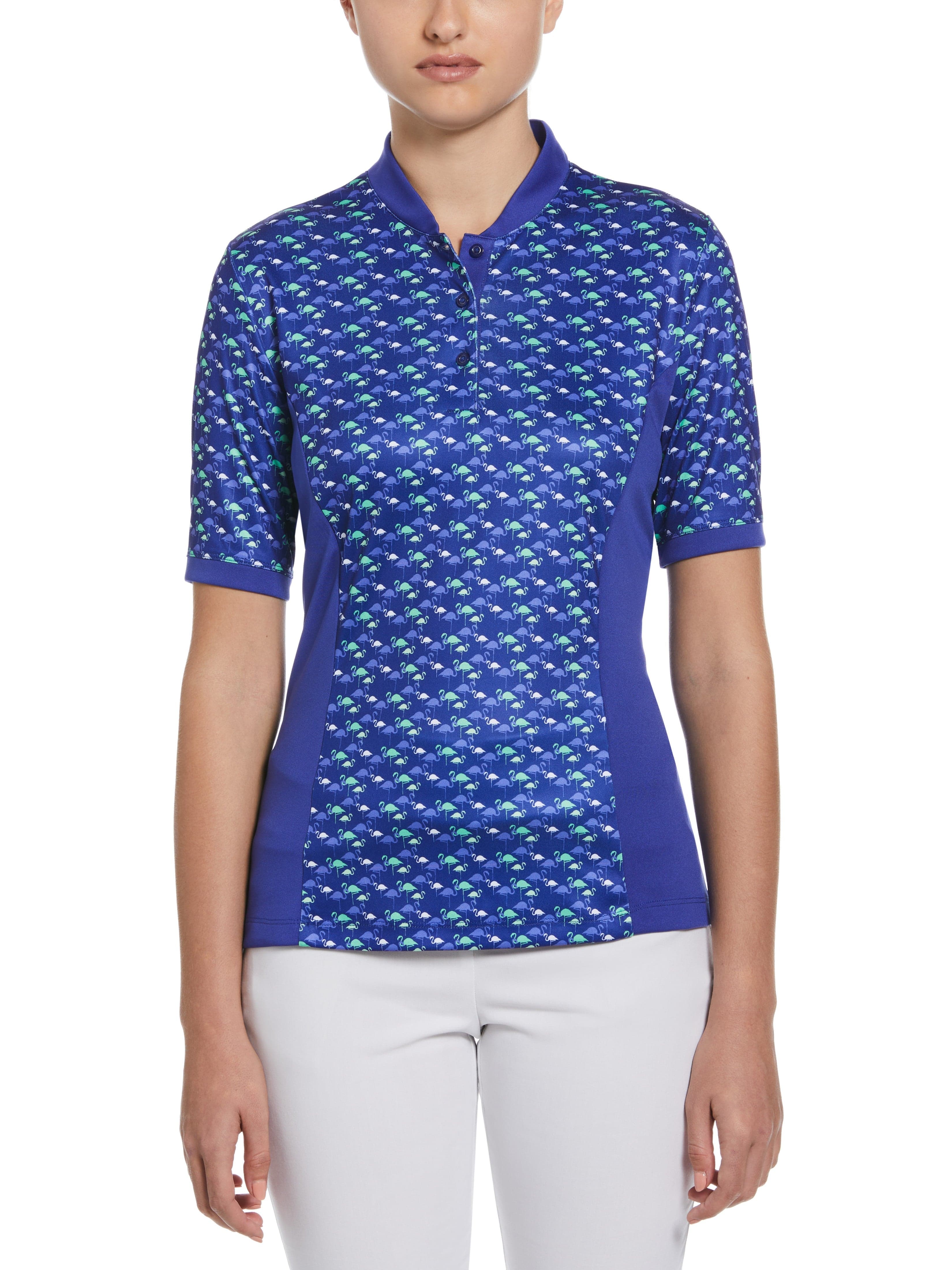 PGA TOUR Apparel Womens Flamingo Print Golf Polo Shirt w/ Baseball Collar, Size Small, Blueing, 100% Polyester | Golf Apparel Shop