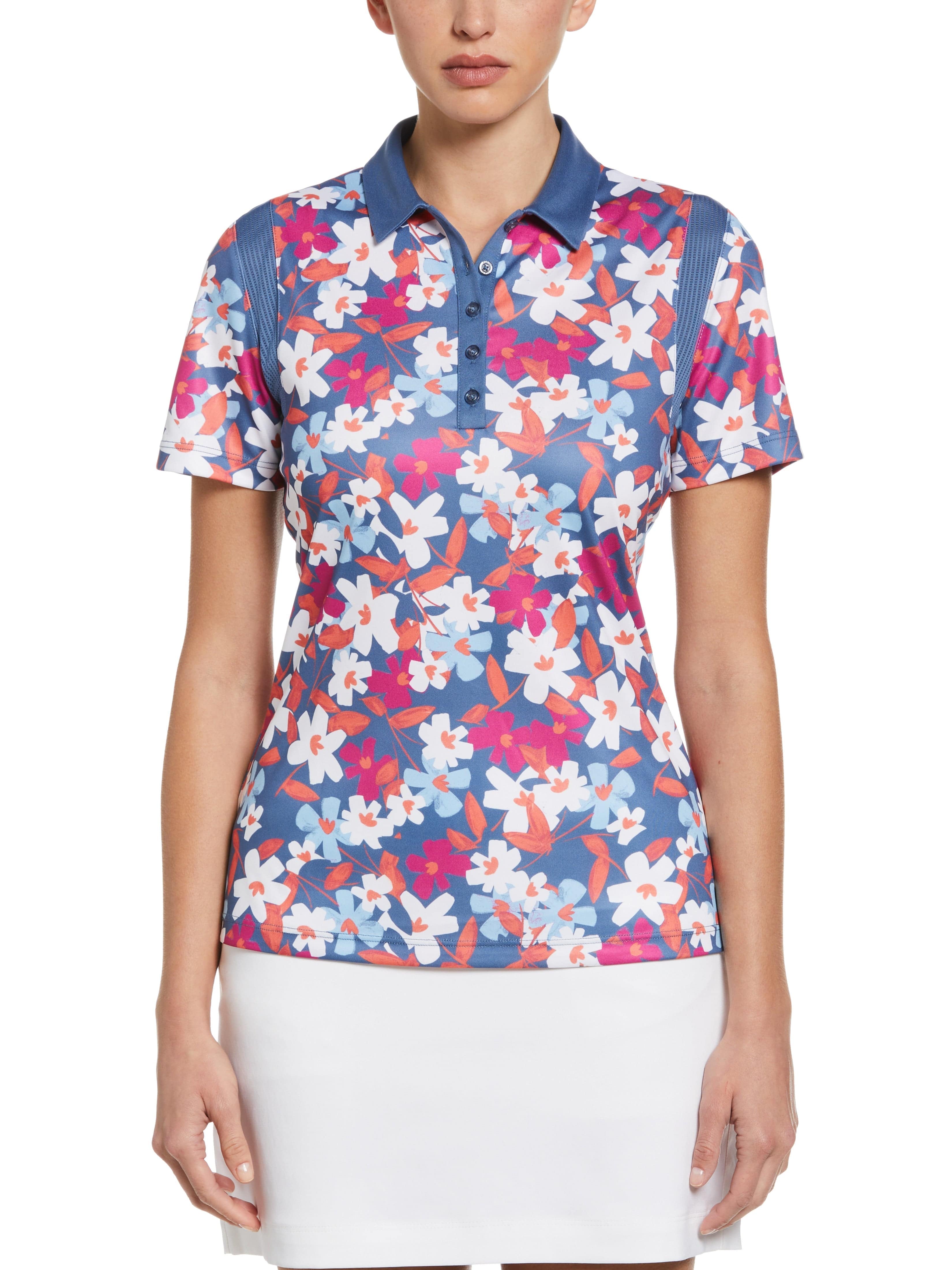 PGA TOUR Apparel Womens Floral Print Golf Polo Shirt w/ Snaps, Size Small, Blue Horizon, 100% Polyester | Golf Apparel Shop