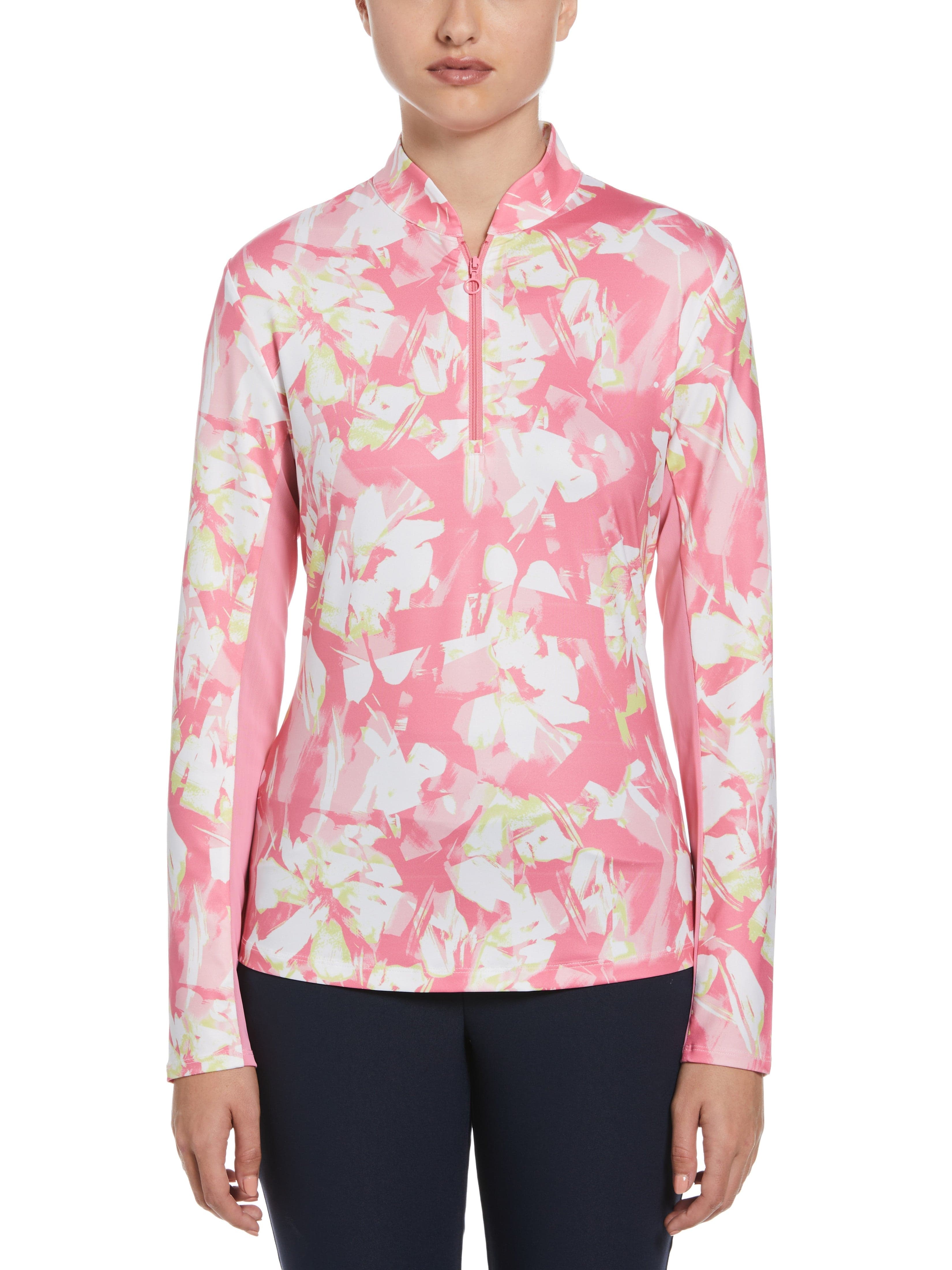 PGA TOUR Apparel Womens Floral Print Long Sleeve Golf Polo Shirt, Size Medium, Flowering Ginger Pink, Polyester/Spandex | Golf Apparel Shop