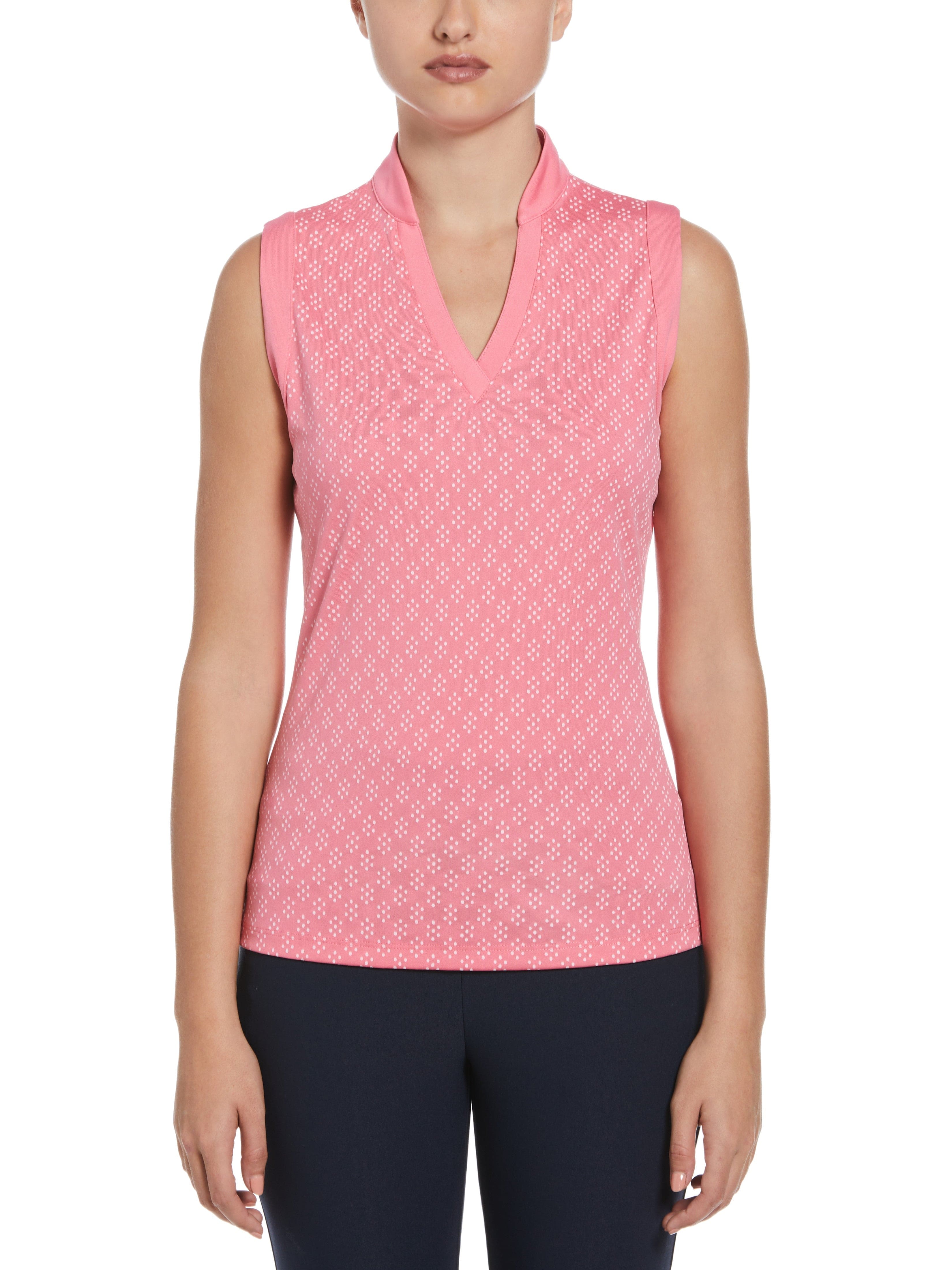 PGA TOUR Apparel Womens Geo Print Golf Shirt w/ Mandarin Collar, Size Large, Flowering Ginger Pink, 100% Polyester | Golf Apparel Shop