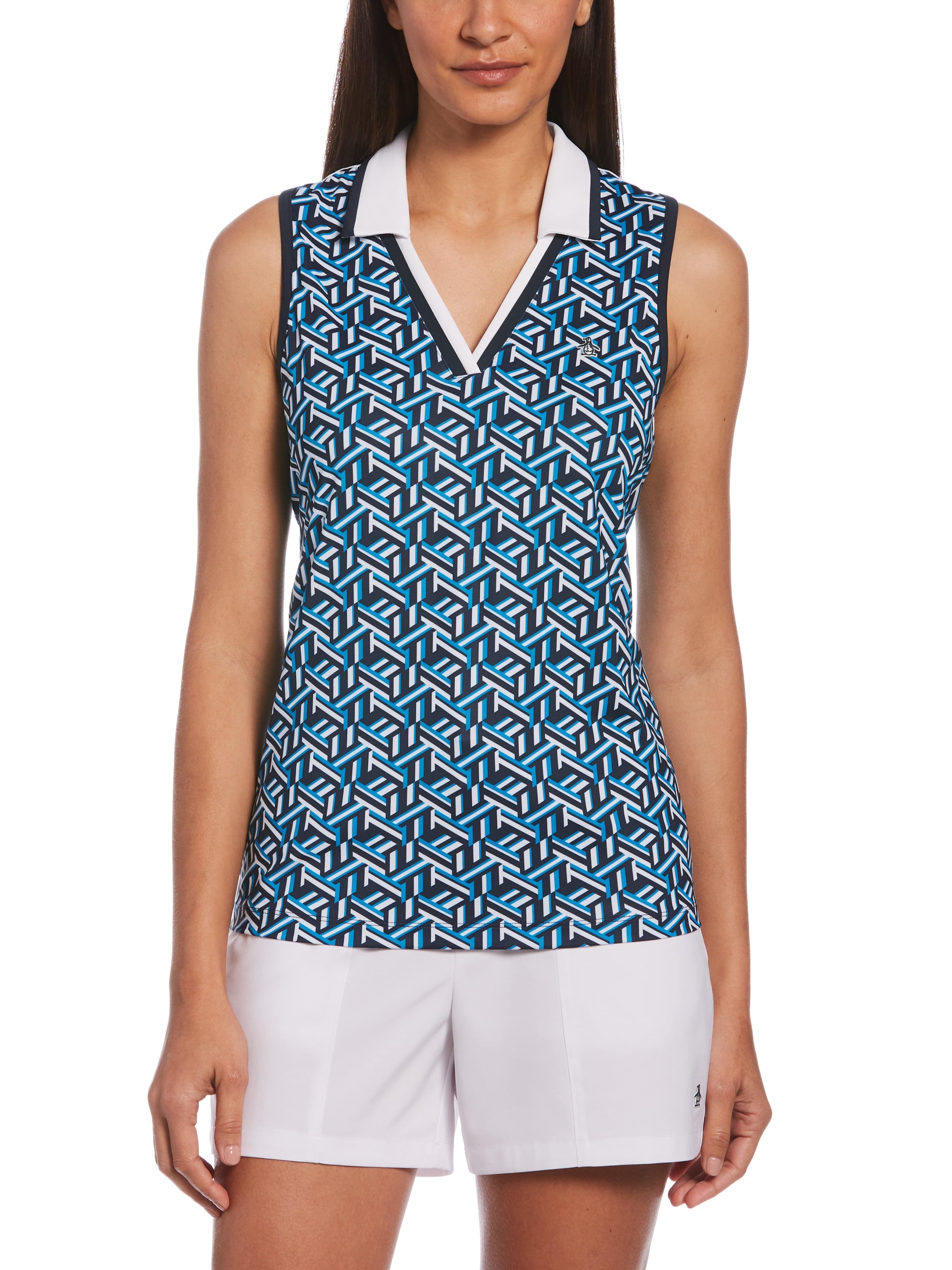 Original Penguin Womens Geo Printed Tank Top, Size XS, Dark Navy Blue, Polyester/Recycled Polyester/Elastane | Golf Apparel Shop