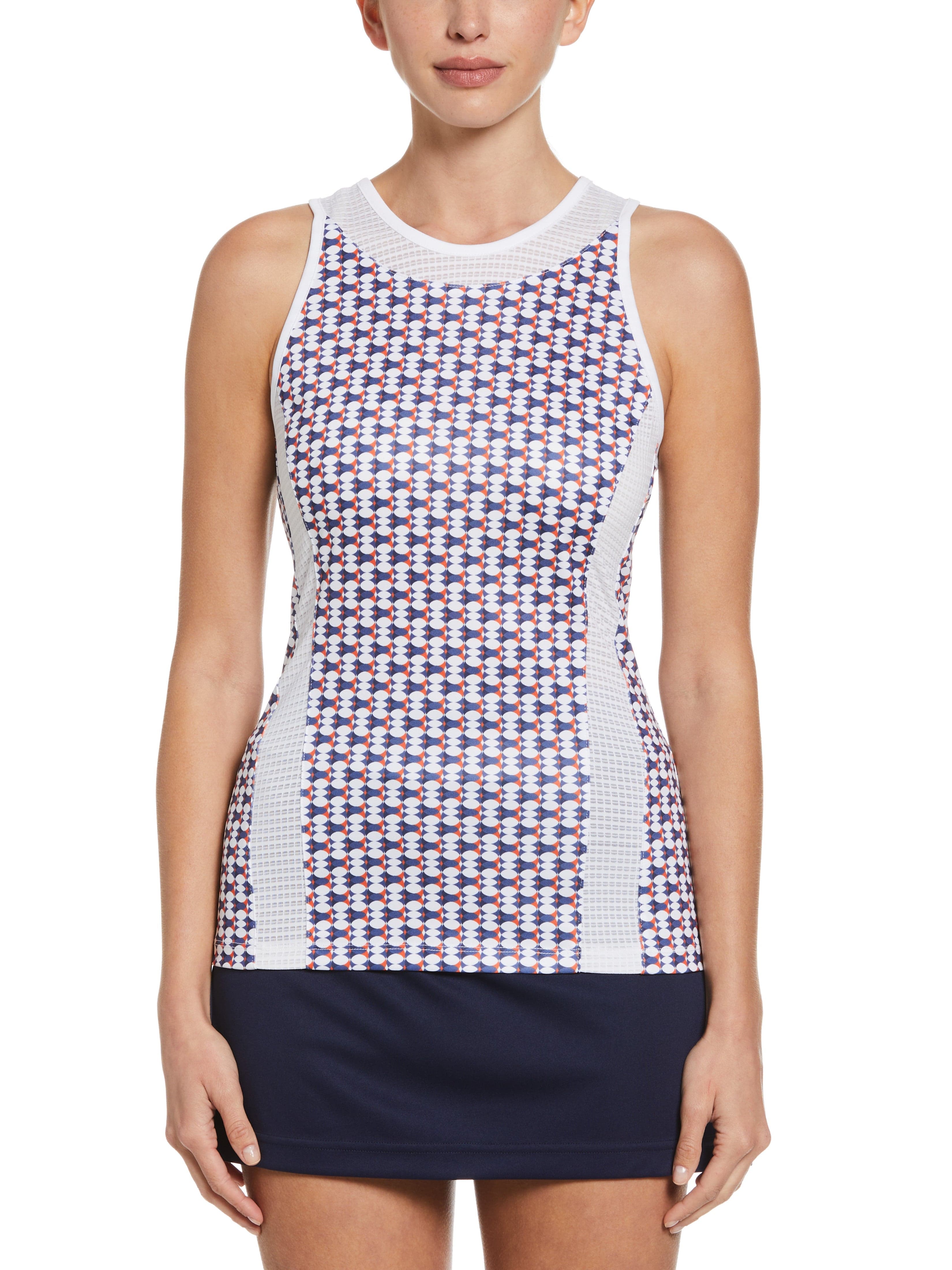 Grand Slam Womens Geo Printed Tennis Tank Top w/ Mesh Piecing, Size XL, Brilliant White, 100% Polyester | Golf Apparel Shop