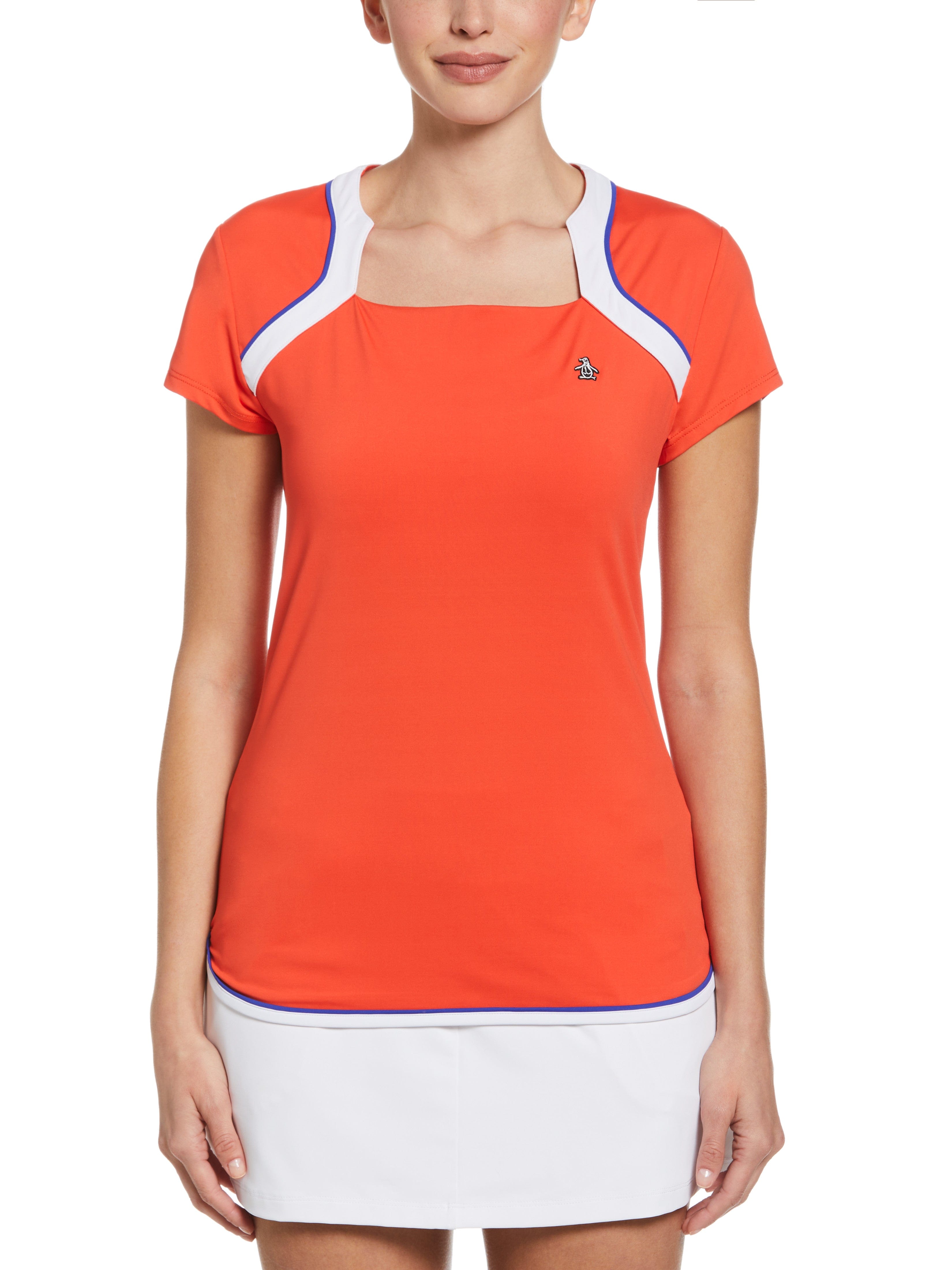 Original Penguin Womens Square Neckline Golf Top, Size XS, Fiesta Orange, Polyester/Recycled Polyester/Elastane | Golf Apparel Shop