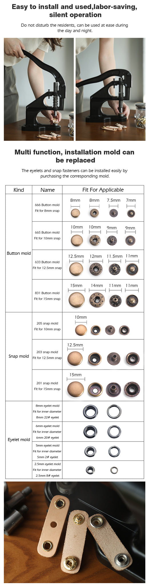 20set Solid Brass Snap Fasteners Metal Snaps Button 8/10/12.5/15mm | WUTA