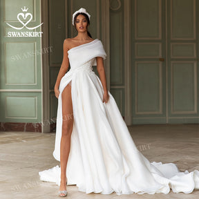 Elegant Appliques One Shoulder Split A-Line Bride Gown Princess