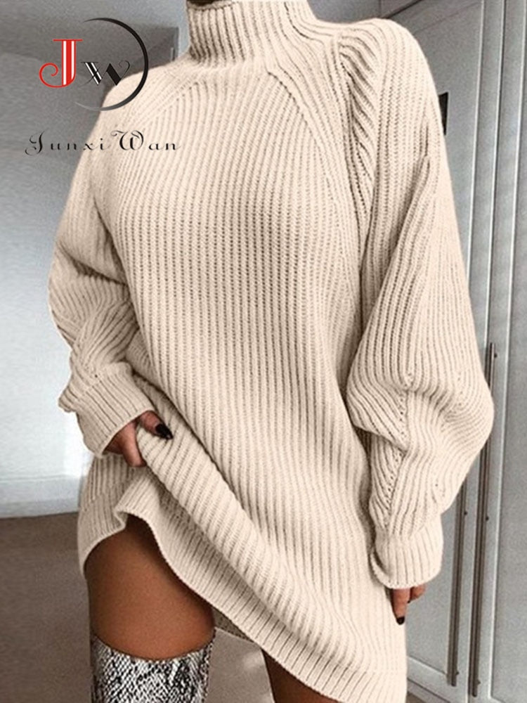 Turtleneck Oversized Knitted Autumn Solid Long Sleeve Casual women dress