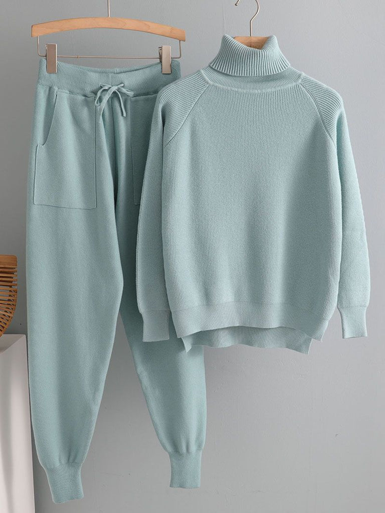 2 Pieces Set Knitted Tracksuit Turtleneck Sweater Carrot Jogging Pants Pullover women dress