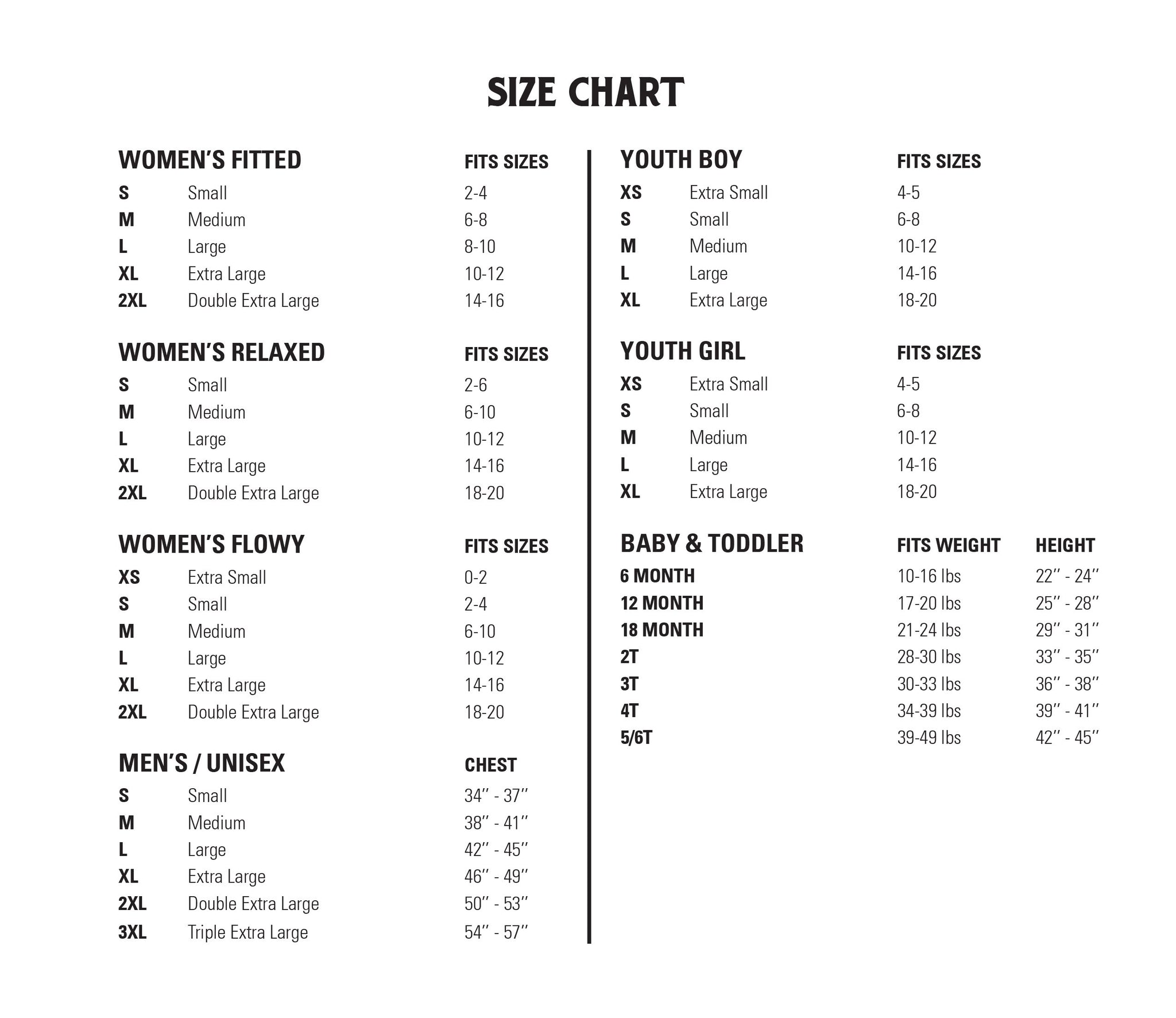 French Quarter Festival Official Merchandise Size Chart