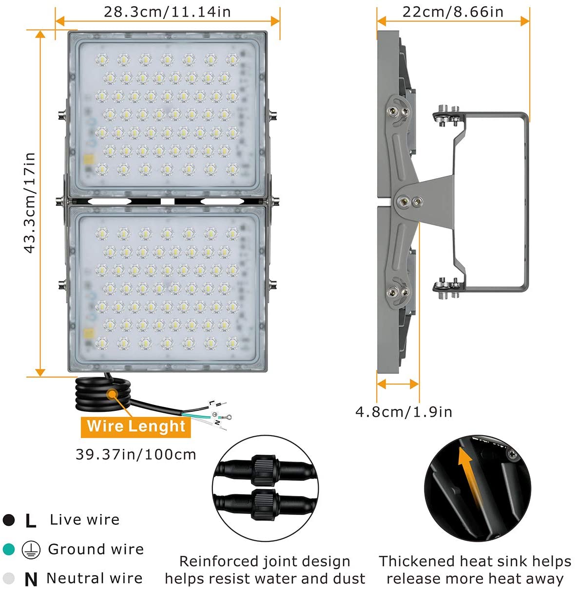 海外花系 STASUN LED Flood Light Outdoor, 200W 18000lm Outdoor Lighting, 5000K Daylight  White, Adjustable Heads, IP65 Waterproof Outside Security Floodlights fo 