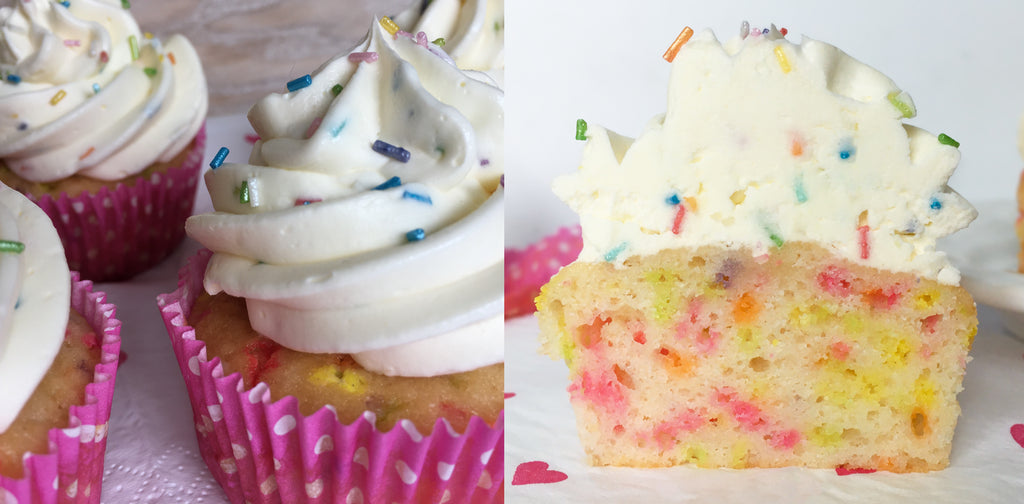 Confetti Funfetti cupcakes taartjes met scprinkles geschikt om mee te bakken