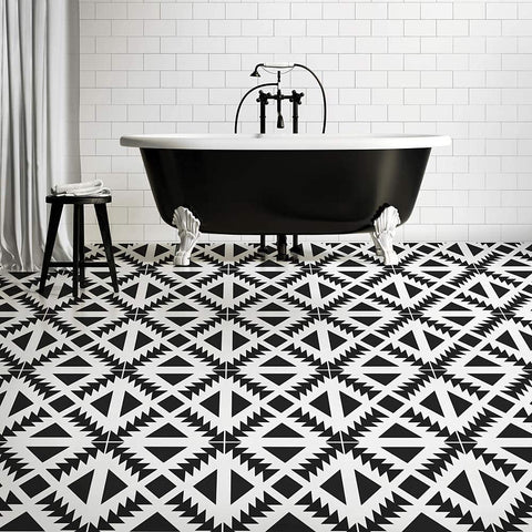 Black & White Stencilled Floor Titles In Bathroom