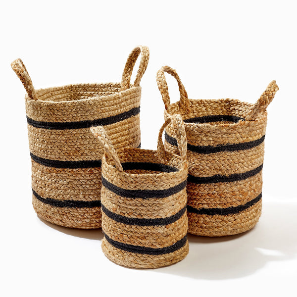 At Home Jute Cotton Natural/Black Braided Basket - Medium