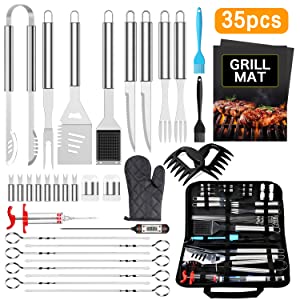 ROMANTICIST 35PCS Grill Set with Thermometer, 2 Steak Knife, 2 Steak Fork,  Heavy-Duty Grill Utensils, Stainless Steel Grill Tool Set, Grill