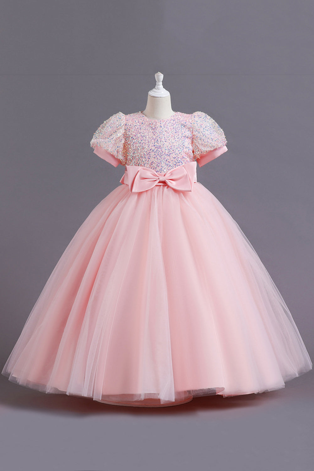 Pailletten Pink A Linie Kurzarm Mädchen Kleid mit Schleife