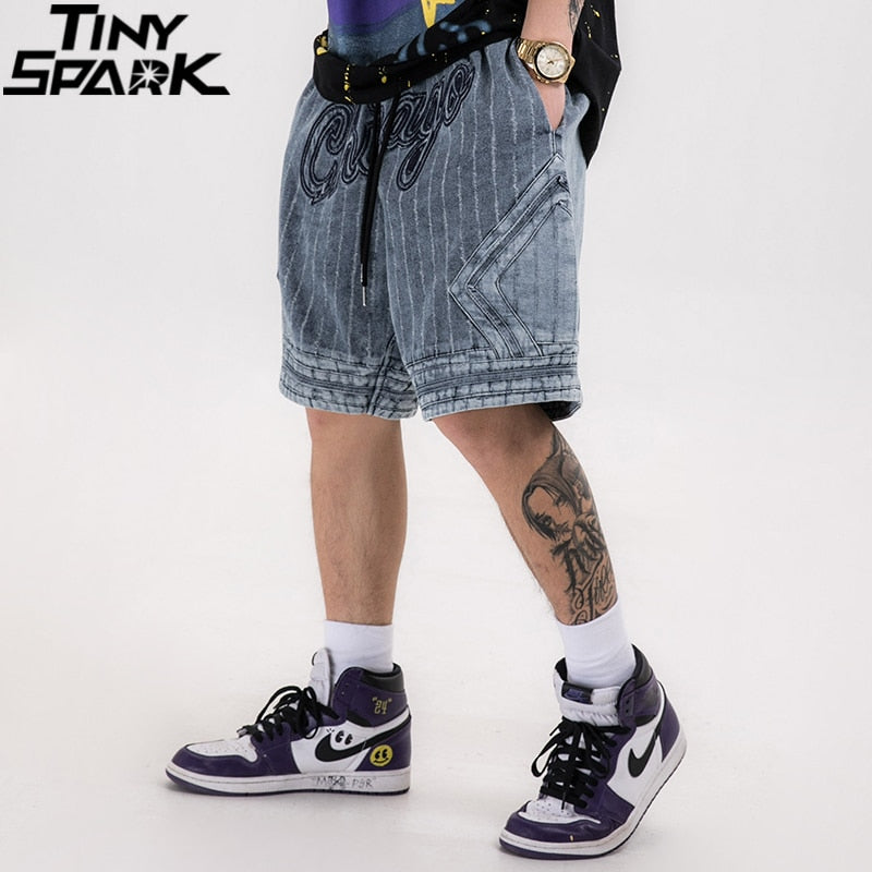 Hip Hop Cargo Embroidery Striped Denim Shorts