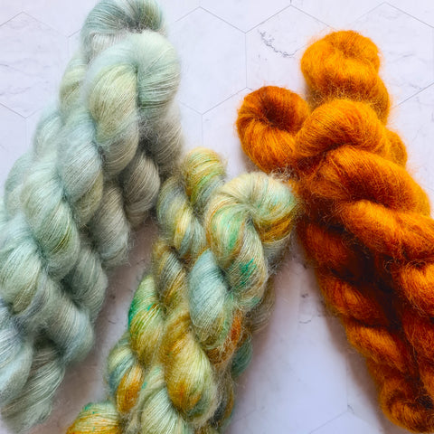 A selection of handdyed mohair yarn