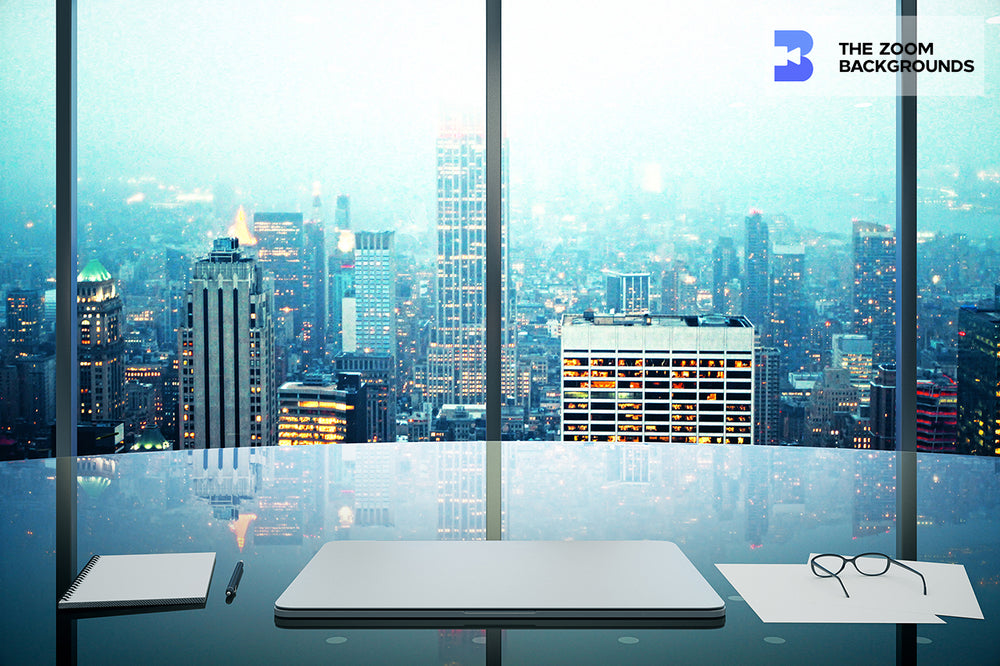 Modern Office With Megapolis City Night View Zoom Background –  