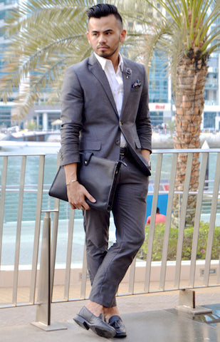 grey suit with loafers