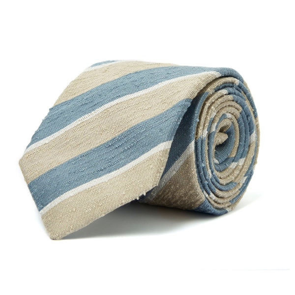 Blue, Cream & Ecru Striped Shantung Silk Tie