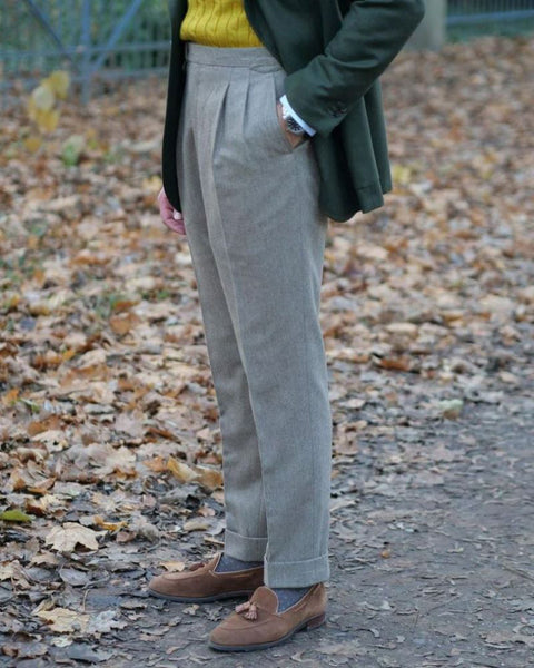 Flannel trousers light grey tassel loafers