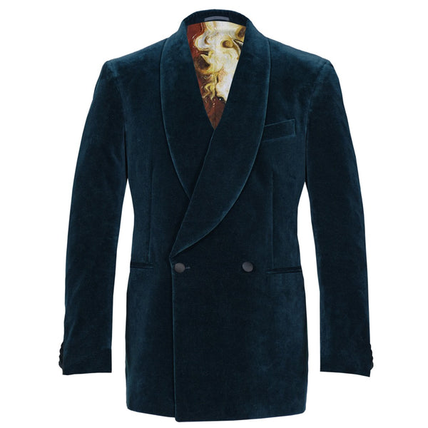 Teal Double-Breasted Velvet Smoking Jacket