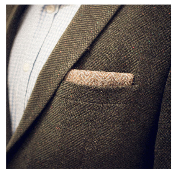 Blue Hemmed Herringbone Tweed Pocket Square | Rampley and Co