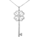 Clover Love Heart Key Pendant Necklace With Clear Crystal In Sterling Silver
