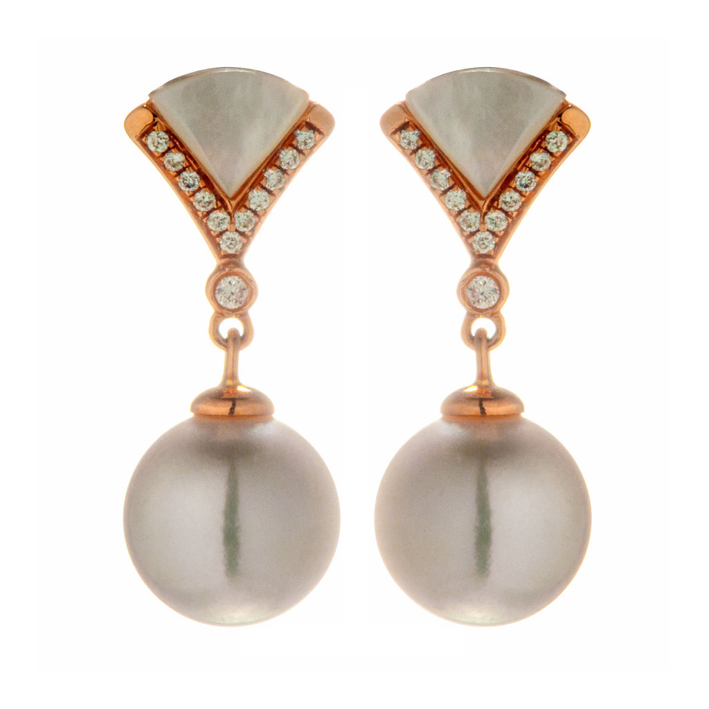18K Gold Akoya White Sea Water Pearl Earrings with White Mother of Pearl & Diamond