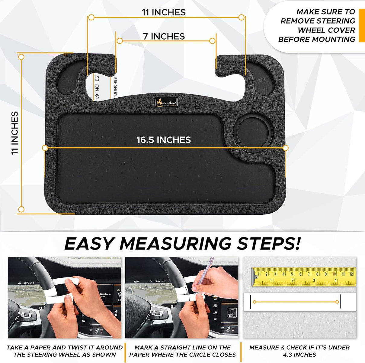 EcoNour 2 in 1 Car Steering Wheel Desk | Steering Wheel Tray for Laptop Car Mount with Pen Holder | Car Food Tray for Eating with Drinks Holder | Multipurpose Travel Car Accessories