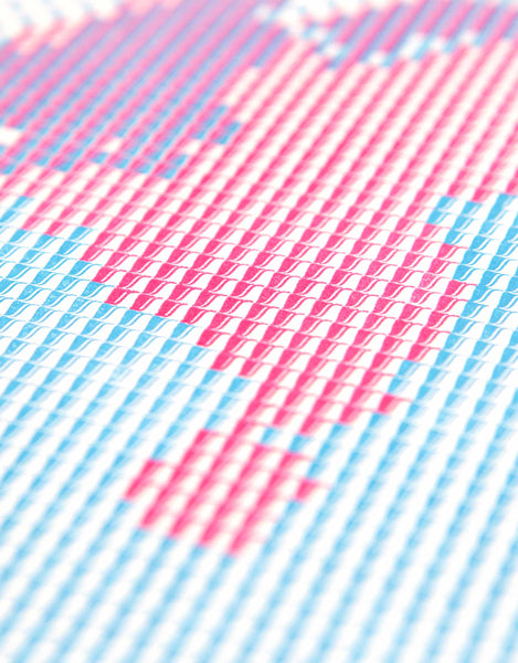 Detail of Below the Sea letterpress data map of the Netherlands in magenta and cyan.