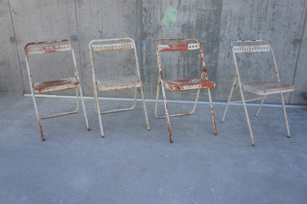 Set Of 4 White Folding Metal Garden Chairs Vintage French