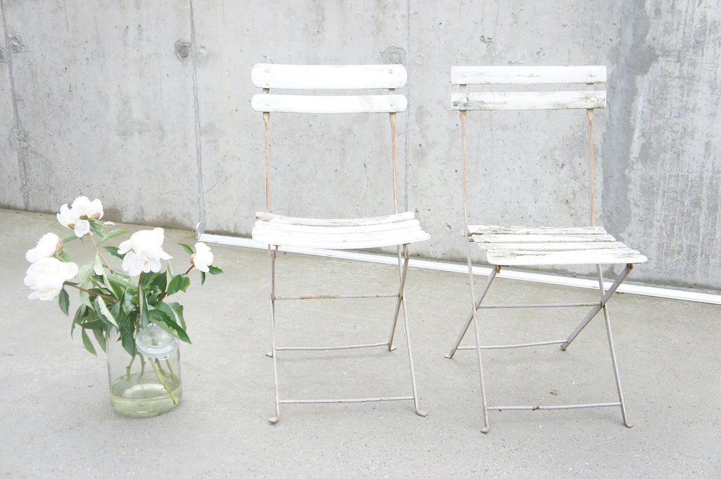 Two White Folding Bistro Garden Chairs Vintage French