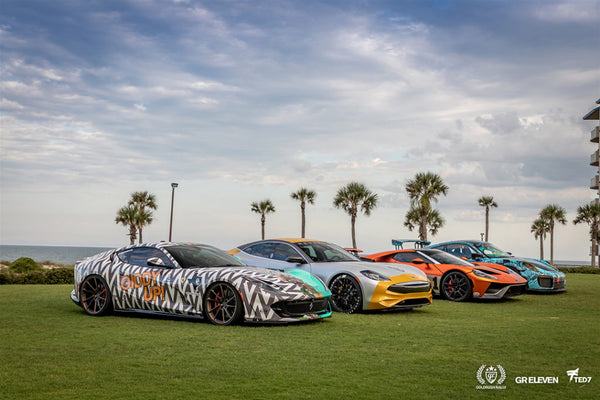 Four goldRush Rally cars parked on grass