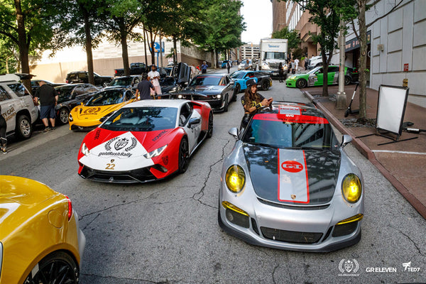 goldRush Rally cars queued up on a city street