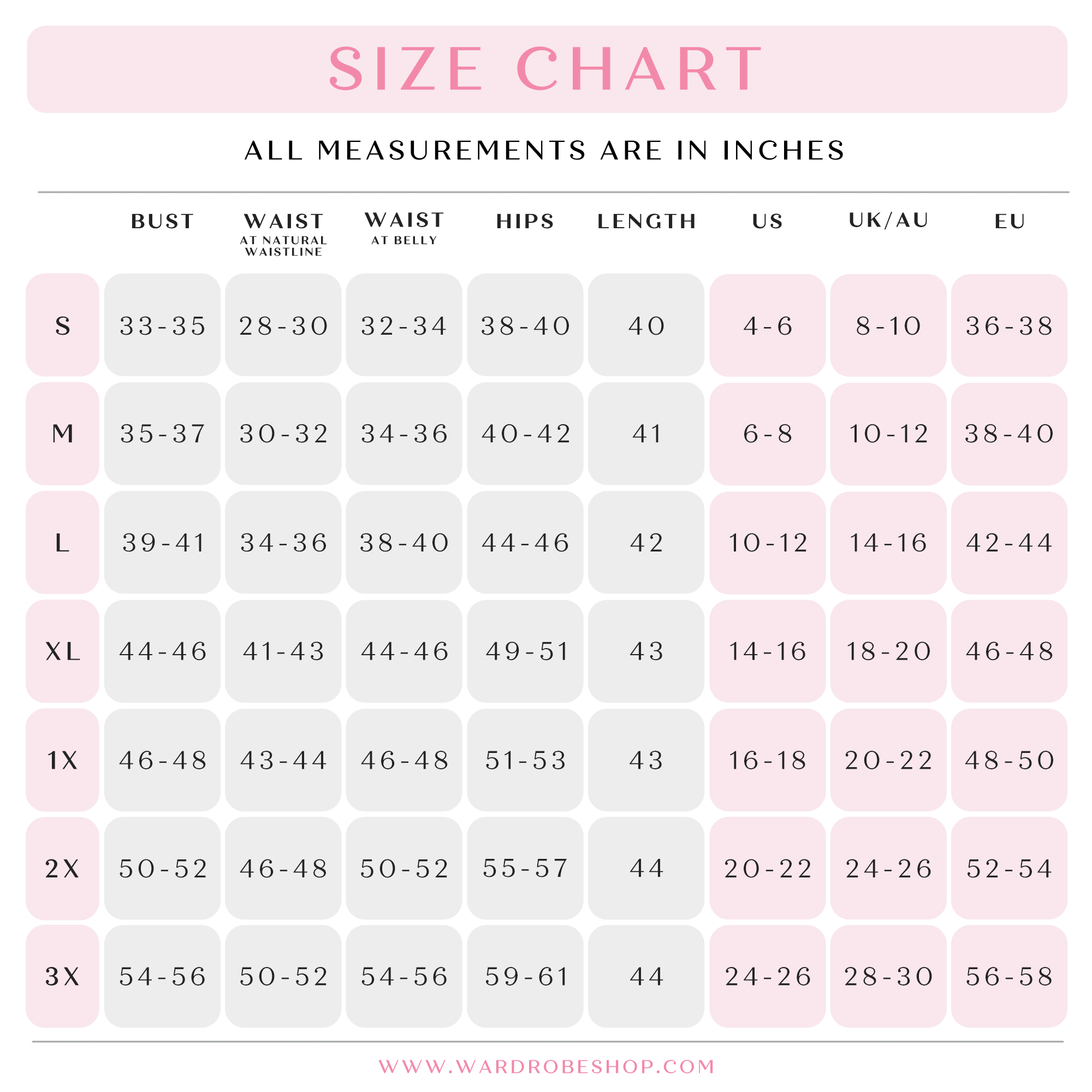 AMELIA Gatsby Lady Size Chart