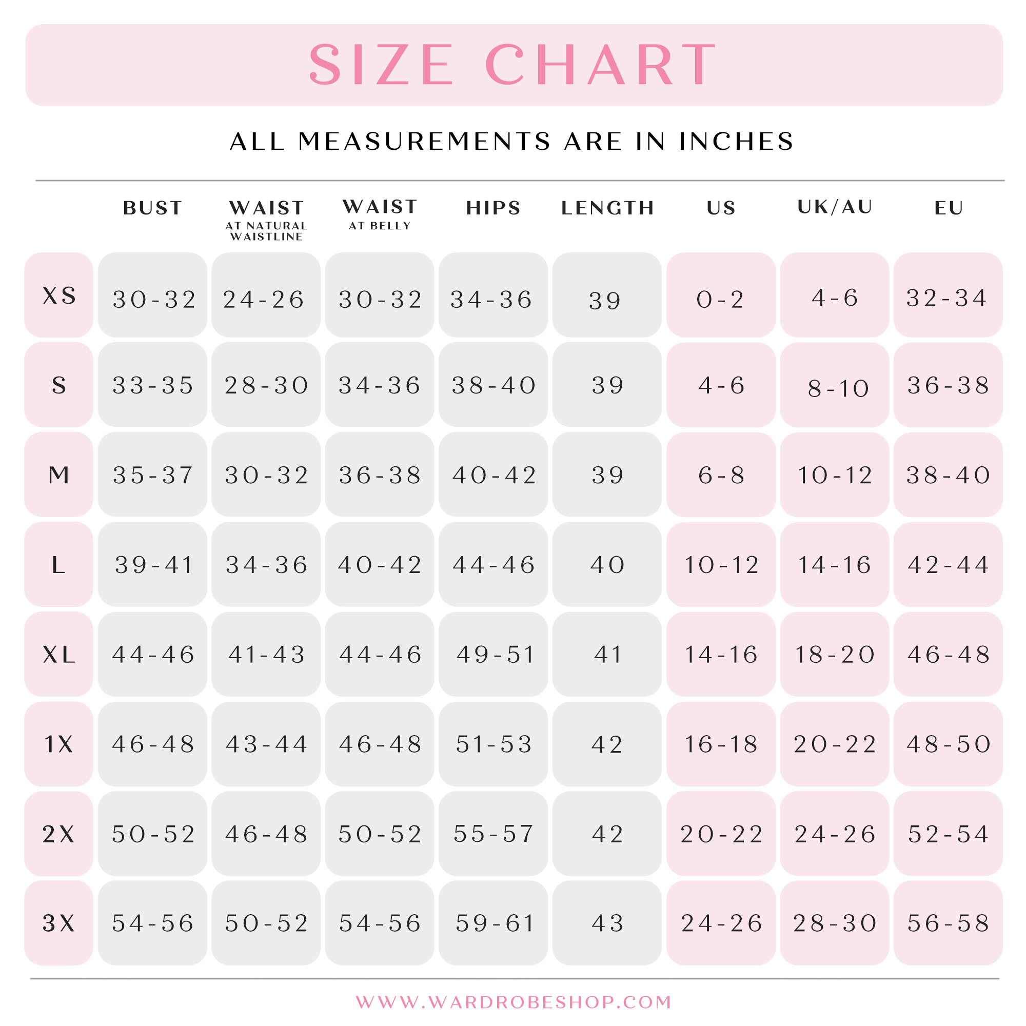 ANNETTE Gatsby Lady Size Chart